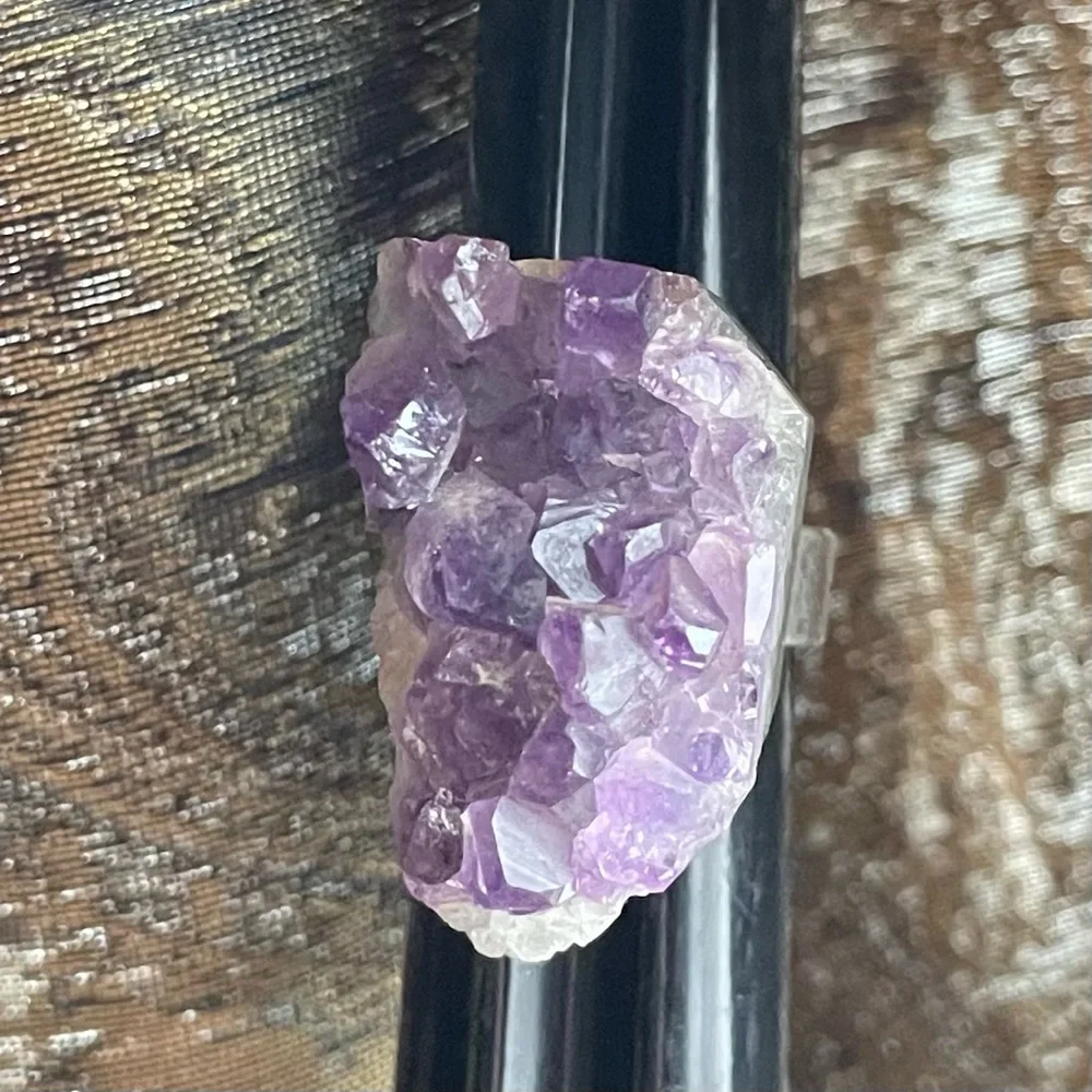 Natural Chunky Amethyst Druzy Crystal Silver Ring adjustable 925